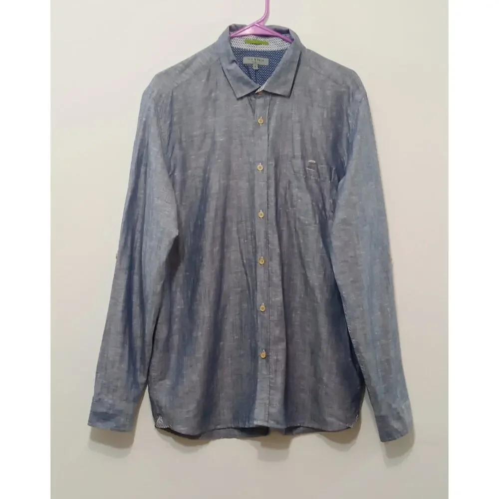 Ted Baker Men's Button Down Shirt Roll Tab Sleeves Linen Blue Size 6